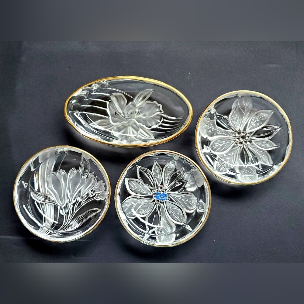 Elegant Floral Glass Trinket Dish Set w/ Gold Trim 4pcs Jewellery Keeper Trays